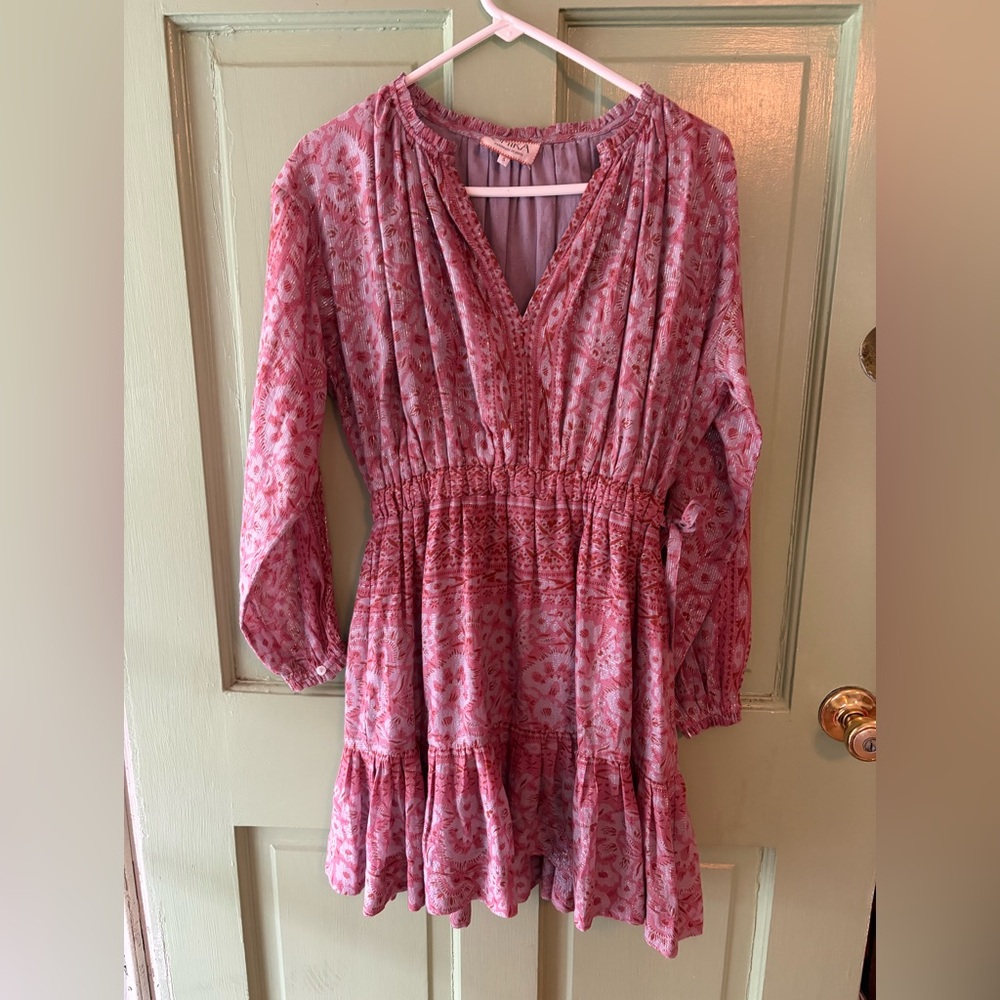 Omika Pink long sleeve Floral Mini Dress with Smocked Waist